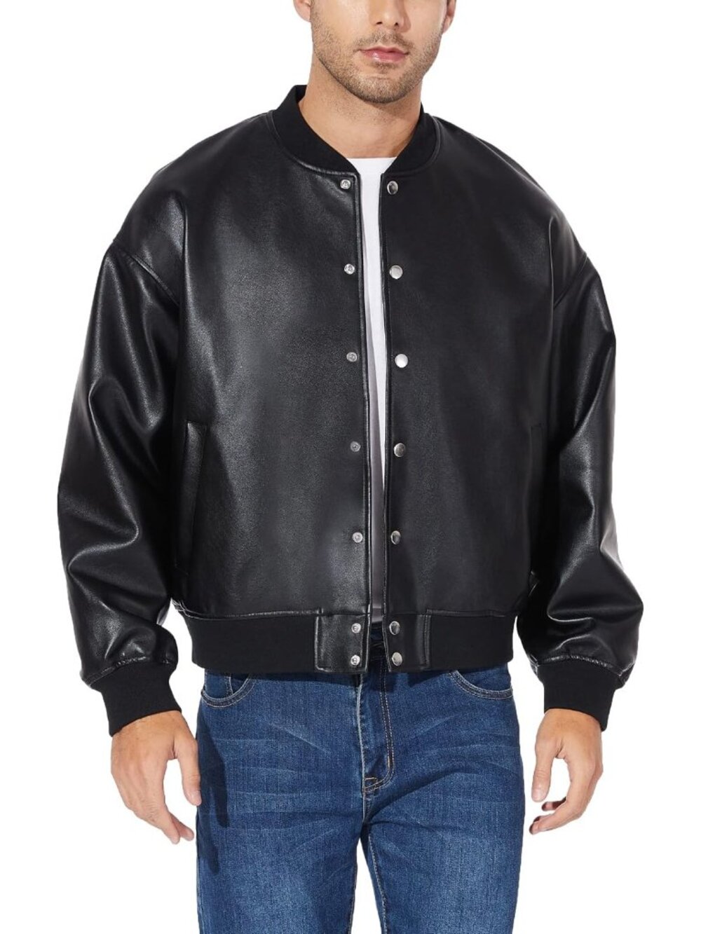 Men Black04 Leather Zip-Up Long Sleeve Aviator Pockets Motorcycle Bomber Jacket